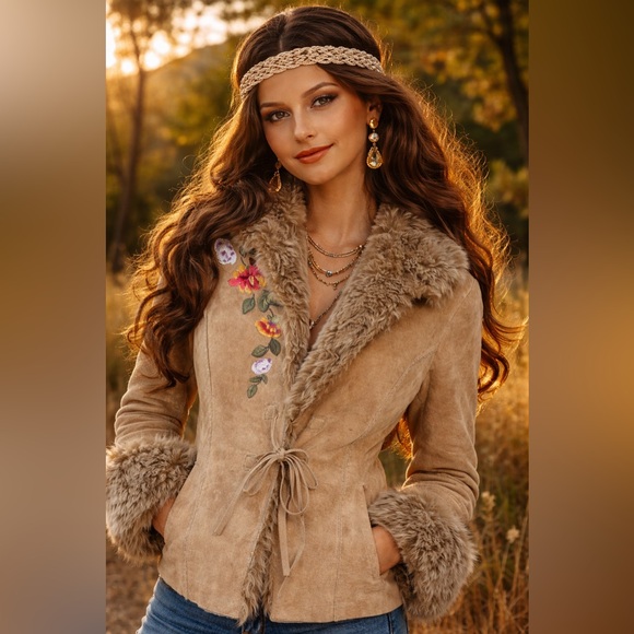 Together Tan Teddy suede Jacket with Floral Embroidery - Picture 2 of 16